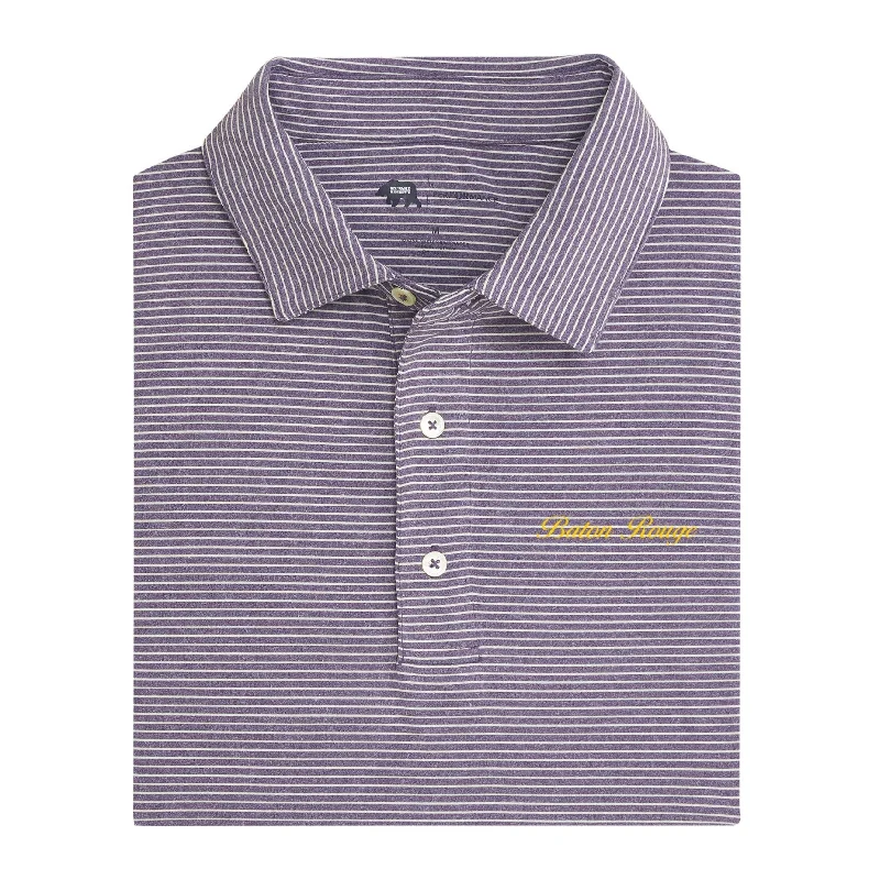 Men's summer gym casual shirt-Baton Rouge Town Script Birdie Stripe Performance Polo - Loganberry