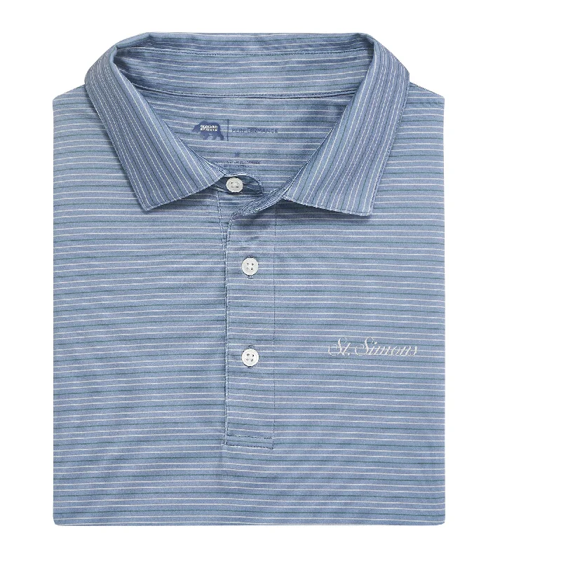 Men's fashion-forward athletic shirt-St. Simons Town Script Driver Stripe Performance Polo - Country Blue