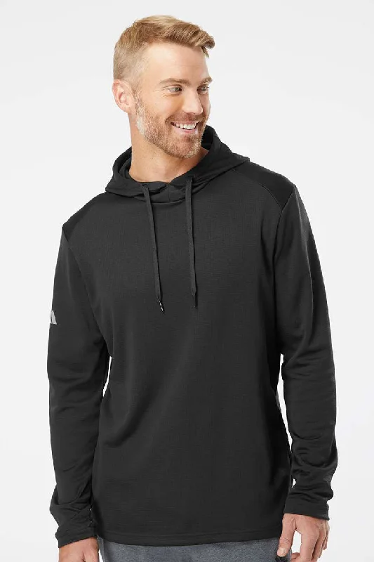 Men's tech-fabric gym hoodie-Adidas Mens Textured Mixed Media Hooded Sweatshirt Hoodie - Black