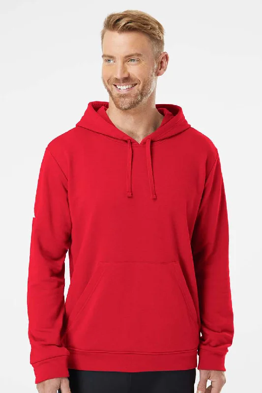 Men's wrinkle-free sports hoodie-Adidas Mens Fleece Hooded Sweatshirt Hoodie w/ Pouch Pocket - Red