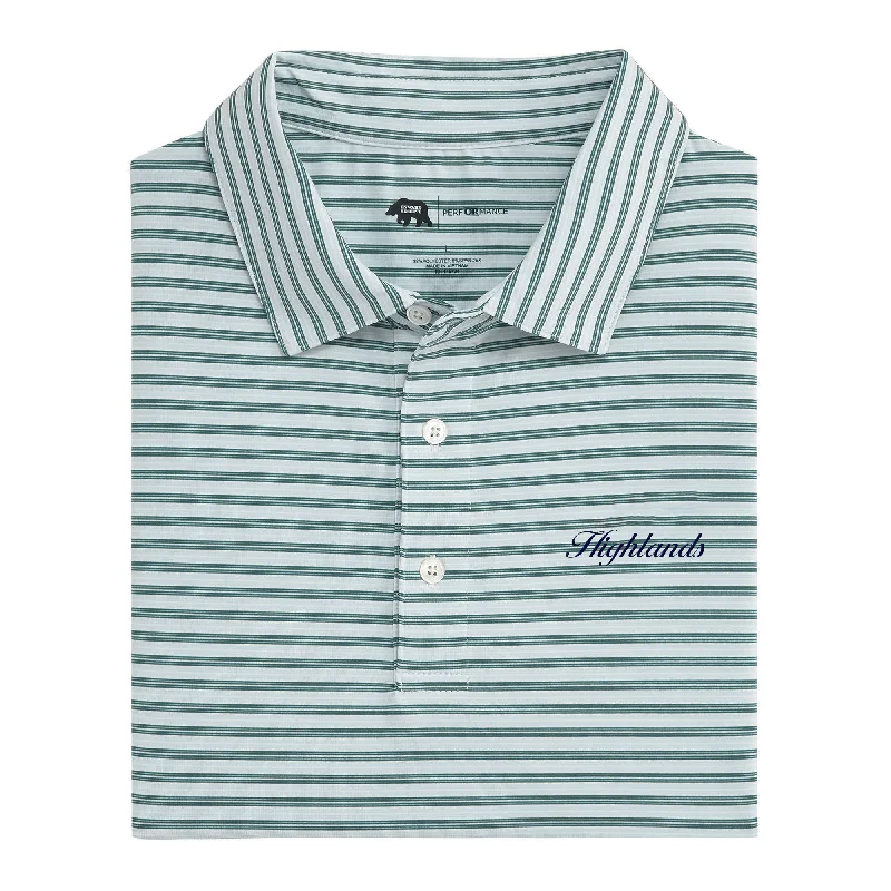 Men's tech-inspired gym shirt-Highlands Town Script Wedge Stripe Performance Polo - Botanical Garden