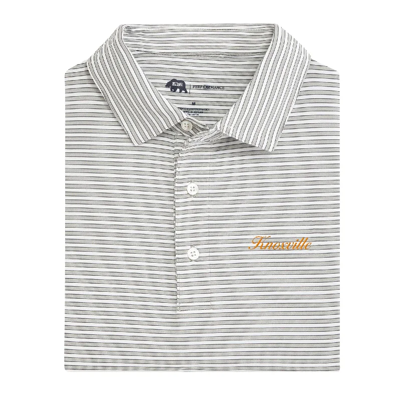 Men's high-stretch casual shirt-Knoxville Town Script Mulligan Stripe Performance Polo - Mirage Grey