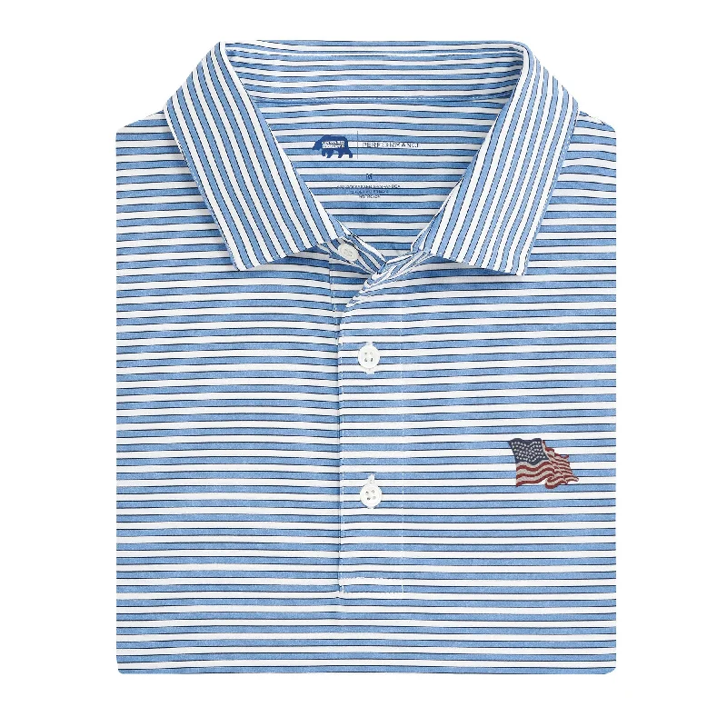 Men's relaxed fit dress shirt-Vintage Flag Mulligan Stripe Performance Polo - Sky