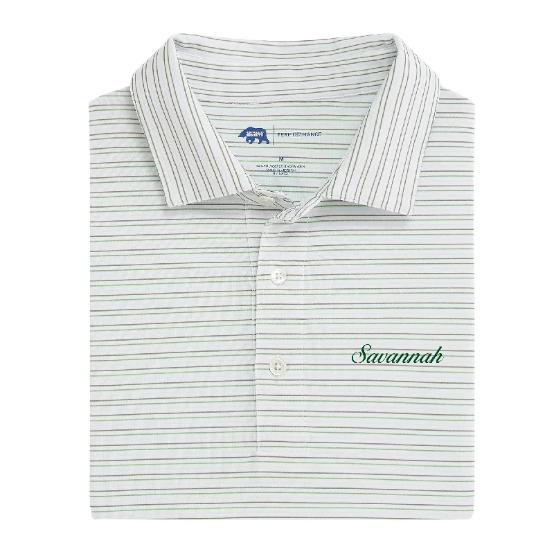 Men's eco-conscious casual shirt-Savannah Town Script Driver Stripe Performance Polo - Oil Green