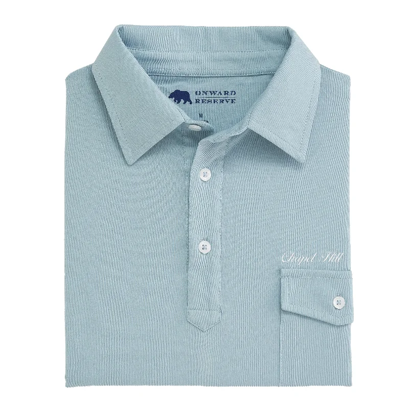 Men's adventure-ready gym shirt-Chapel Hill Town Script Old School Polo - Blue Fog