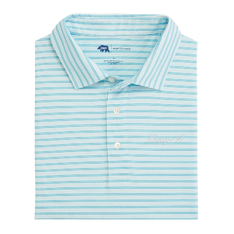 Men's relaxed fit gym shirt-Thirty-A Town Script Wedge Stripe Performance Polo - Cabana Blue