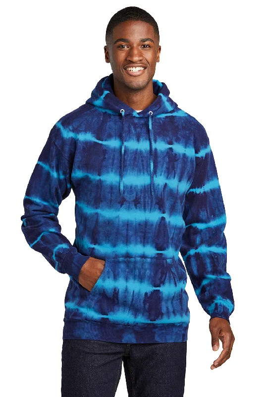 Men's adaptive hoodie-Port & Company Mens Allover Stripe Tie-Dye Fleece Hooded Sweatshirt Hoodie w/ Pouch Pocket - Turquoise Blue/Team Navy Blue - New