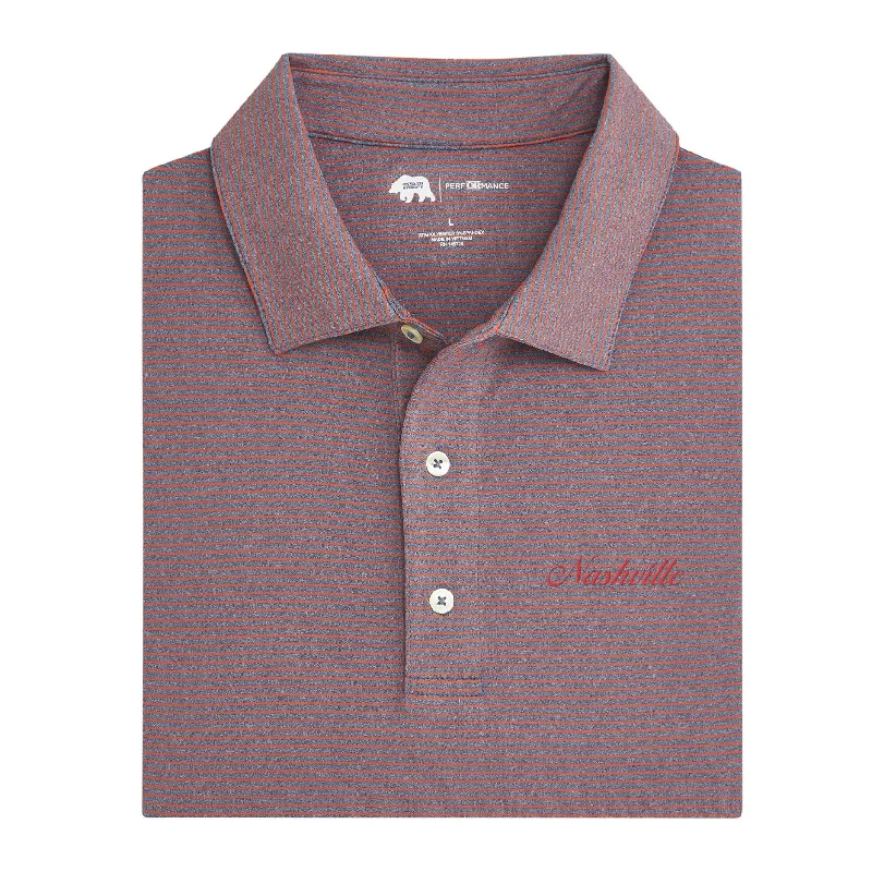 Men's quick-dry gym shirt-Nashville Town Script Birdie Stripe Performance Polo - Autumn Glaze