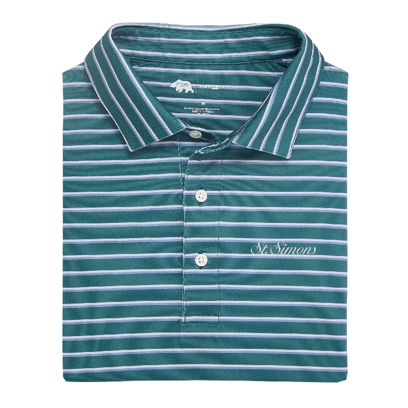 Men's gym performance casual shirt-St. Simons Town Script Fairway Stripe Performance Polo - Jasper