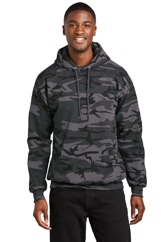 Men's breathable sports hoodie-Port & Company Mens Core Pill Resistant Fleece Hooded Sweatshirt Hoodie w/ Pouch Pocket - Heather Black Camo