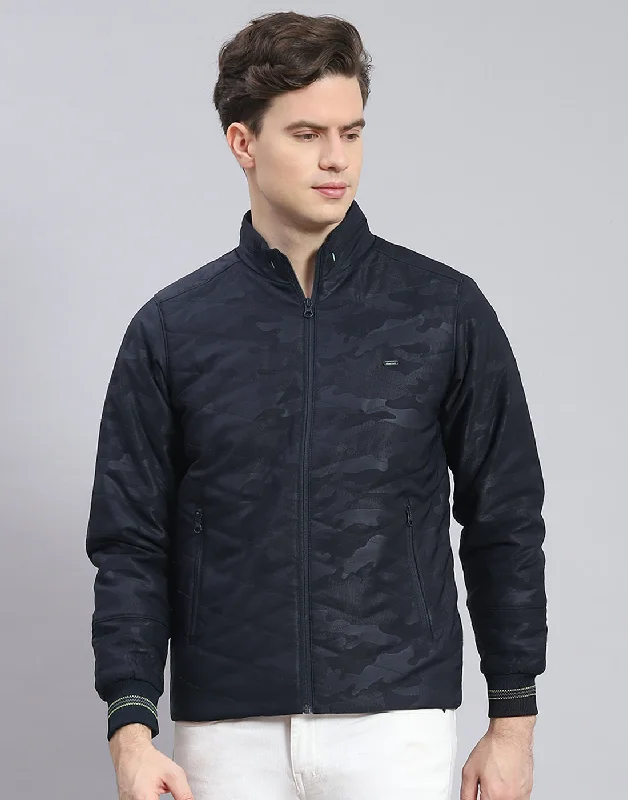 Men's breathable denim jacket-Men Navy Blue Solid Stand Collar Full Sleeve Jacket