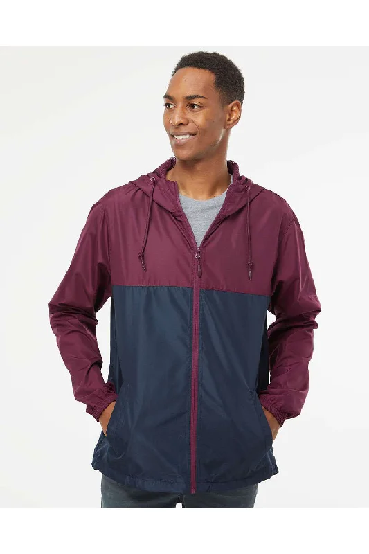 Men's antibacterial streetwear jacket-Independent Trading Co. Mens Water Resistant Full Zip Windbreaker Hooded Jacket - Maroon/Classic Navy Blue - Closeout