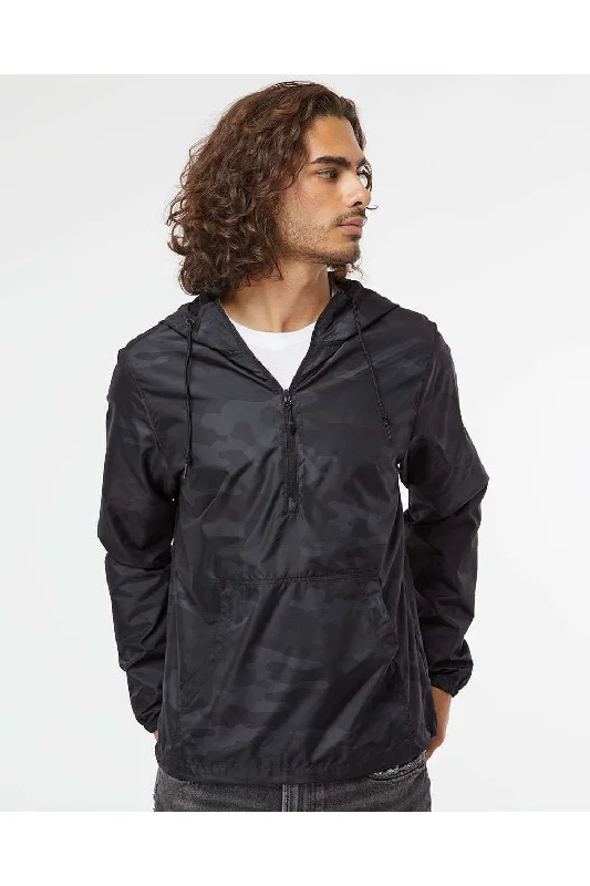 Men's functional rain jacket-Independent Trading Co. Mens Water Resistant 1/4 Zip Windbreaker Hooded Jacket - Black Camo