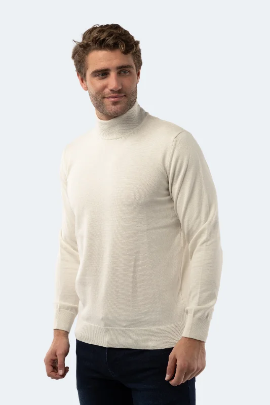 Men's travel knitwear-Ecru Mockneck Sweater