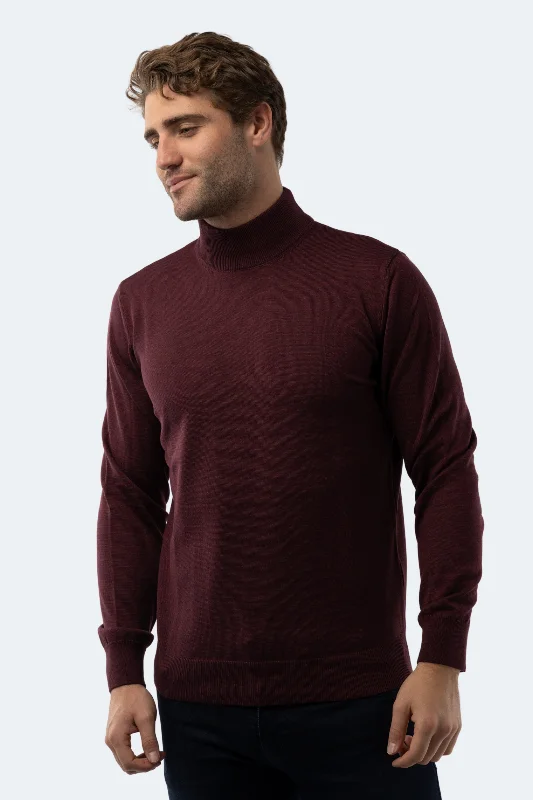 Men's plain sweater-Melange Burgundy Mockneck Sweater