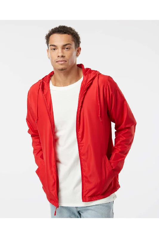 Men's wrinkle-free rain jacket-Independent Trading Co. Mens Water Resistant Full Zip Windbreaker Hooded Jacket - Red