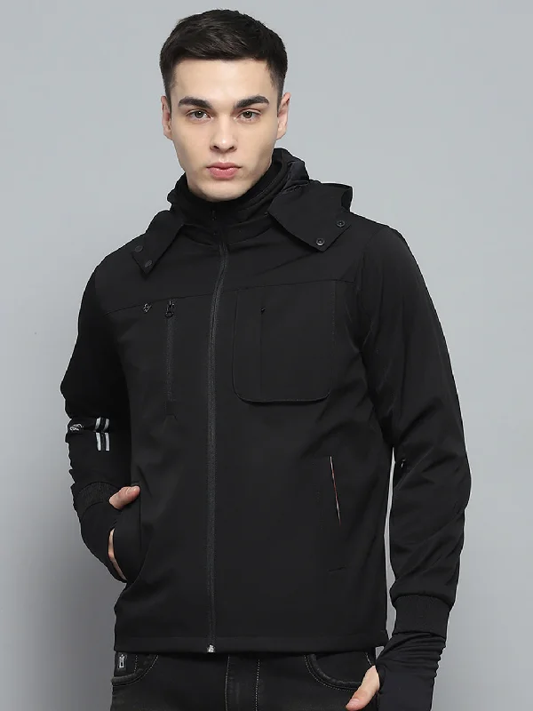 Men's gym performance windbreaker-Men Black Solid Detachable Hood Full Sleeve Jacket