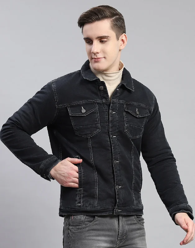 Men's pre-washed casual jacket-Men Grey Solid Collar Full Sleeve Jacket