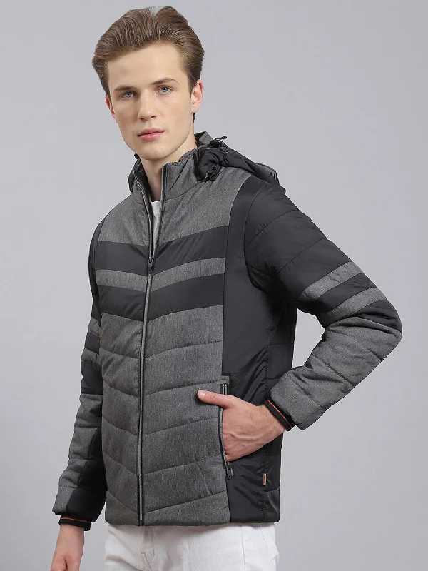 Men's fashion-forward fleece-Men Grey Solid Hooded Full Sleeve Jacket