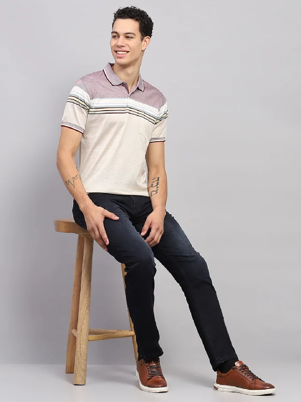 Men's fashionable active t-shirt-Men Multicolor Stripe Polo Collar Half Sleeve T-Shirt