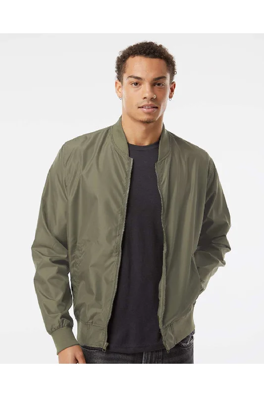 Men's pre-shrunk denim jacket-Independent Trading Co. Mens Water Resistant Full Zip Bomber Jacket - Army Green