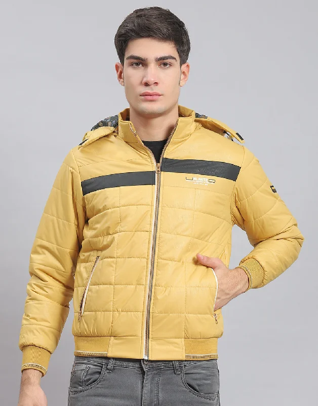 Men's sustainable parka-Men Mustard Solid Hooded Full Sleeve Jacket