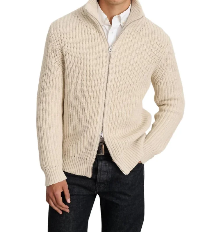 Men's comfortable sweater-Wright Chunky Cotton Cardigan In Cream