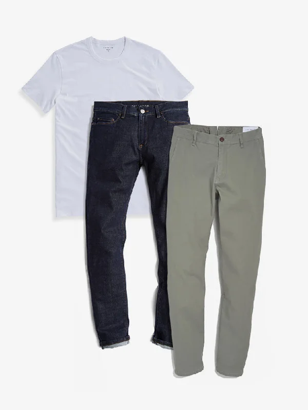 Men's breathable travel wear pants-Set 02: 1 pair of Chinos + 1 Driggs Tee + 1 pair of Jeans