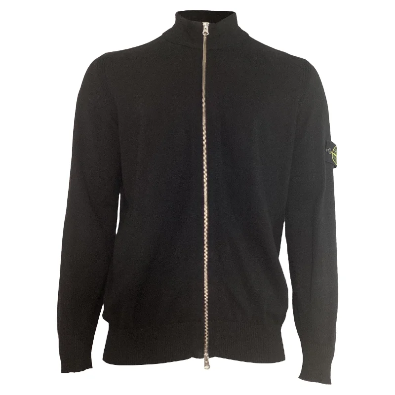 Men's summer knitwear-Stone Island Rib Knit Zip Sweater in Black Wool