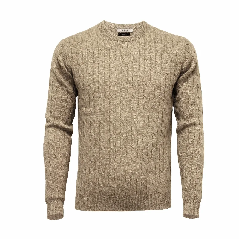 Men's essential sweater-Camel Cashmere Crew Neck Cable Sweater