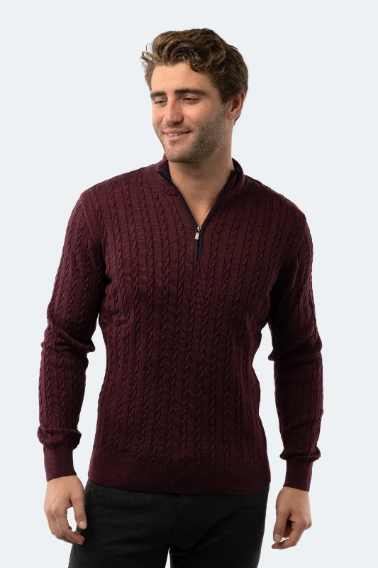 Men's recycled fabric sweatshirt-Melange Burgundy Knit Quarter Zip