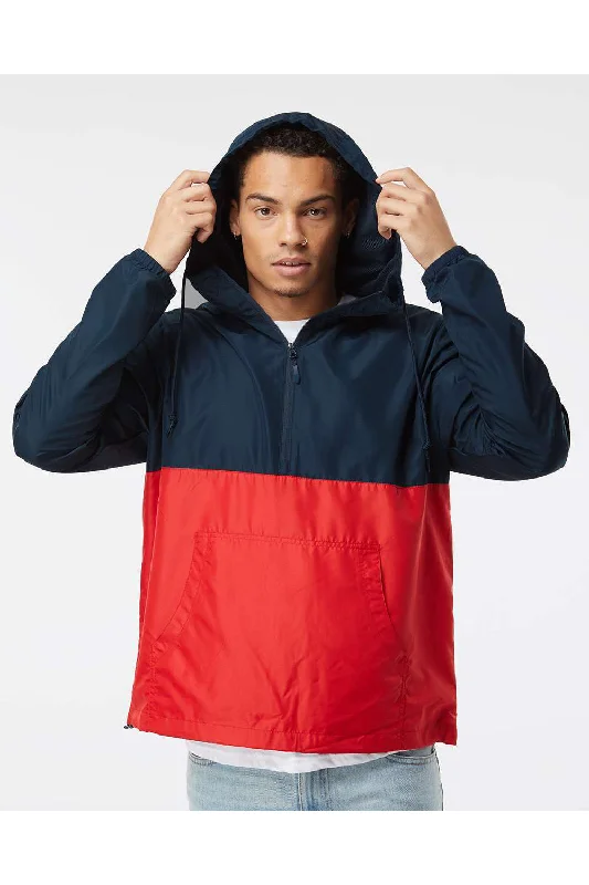 Men's eco-friendly outdoor jacket-Independent Trading Co. Mens Water Resistant 1/4 Zip Windbreaker Hooded Jacket - Classic Navy Blue/Red