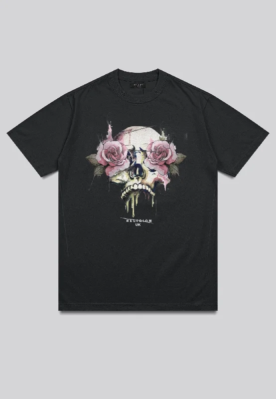 Men's weatherproof workout t-shirt-ROSES SKULL T-SHIRT WASHED BLACK