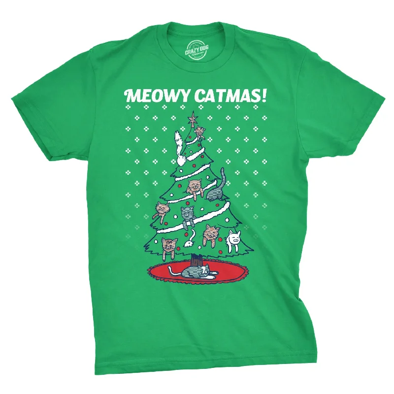 Men's yoga-friendly t-shirt-Meowy Christmas Cat Tree Ugly Christmas Sweater Men's T Shirt