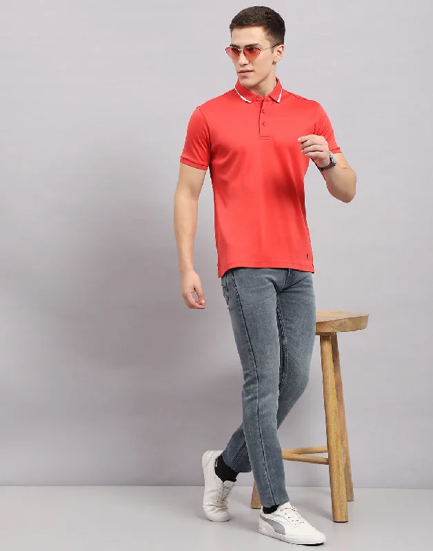 Men's relaxed fit gym t-shirt-Men Coral Solid Polo Collar Half Sleeve T-Shirt