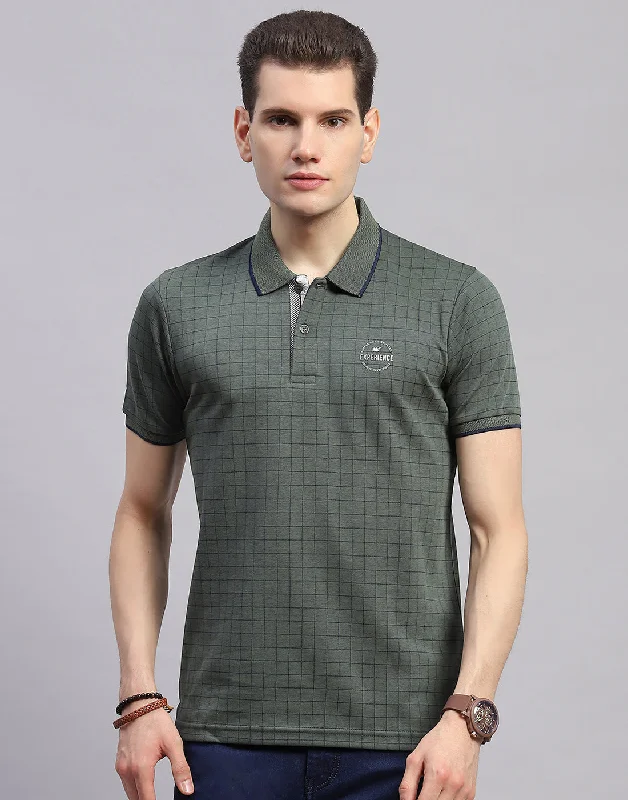 Men's workout-ready t-shirt-Men Olive Stripe Polo Collar Half Sleeve T-Shirt