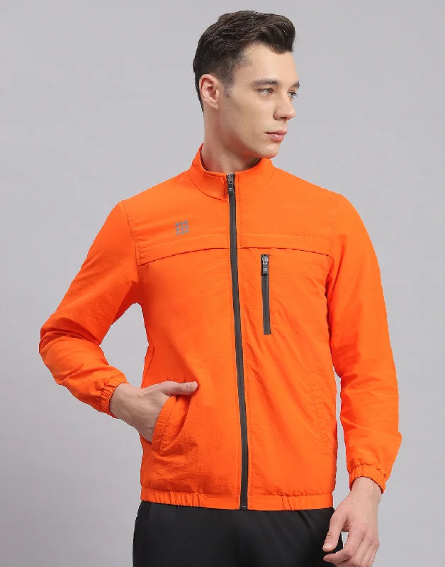 Men's ultra-lightweight jacket-Men Orange Solid Stand Collar Full Sleeve Jacket