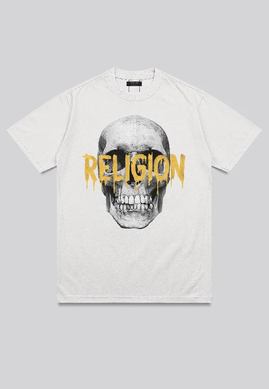 Men's organic workout t-shirt-RELIGION SKULL T-SHIRT WHITE