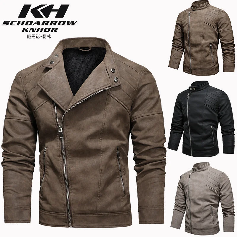 Men's gym performance windbreaker-Men's PU Leather Jacket Padded Lapel Oblique Lapel Zipper Korean Stand-up Collar Jacket Blazer | KH-138