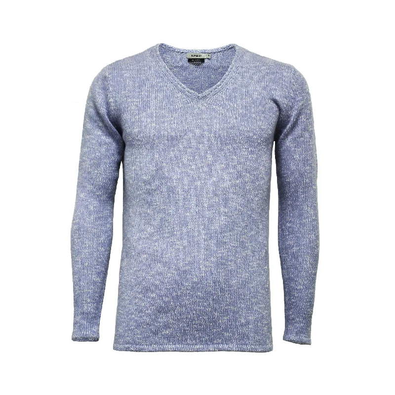 Men's weather-resistant sweater-Melange Cashmere V Neck Sweater in Jersey Stitch Blue White