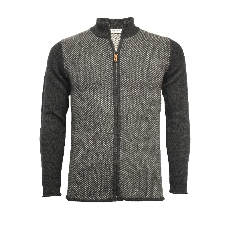 Men's party knit-Black Grey Cashmere Zipper Sweater in Diagonal Stitch Vallauris