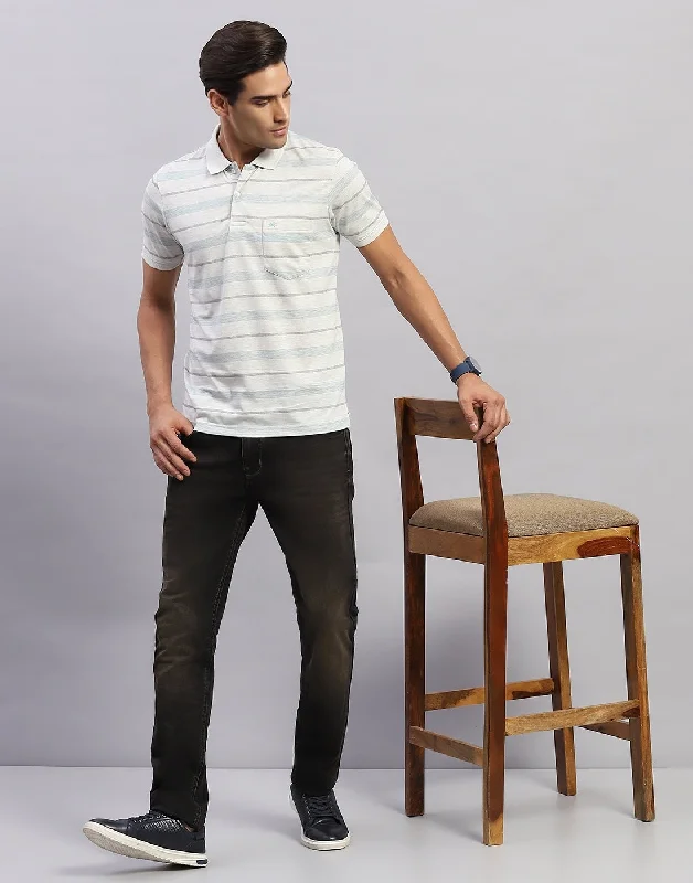 Men's weatherproof workout t-shirt-Men White Stripe Polo Collar Half Sleeve T-Shirt