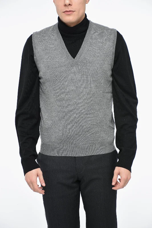 Men's no-iron sweatshirt-Corneliani V Neck Jacquard Virgin Wool Vest