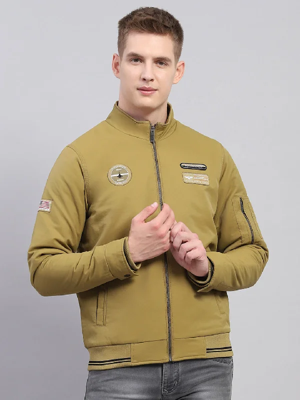 Men's durable casual jacket-Men Mustard Solid Mock Neck Full Sleeve Jacket