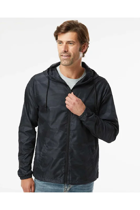 Men's eco-conscious field jacket-Independent Trading Co. Mens Water Resistant Full Zip Windbreaker Hooded Jacket - Black Camo