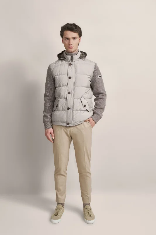 Men's wrinkle-resistant fleece-Bugatti Stone Nylon Quilt with Knit Sleeves Detachable Hood - 7600-65559B - 40