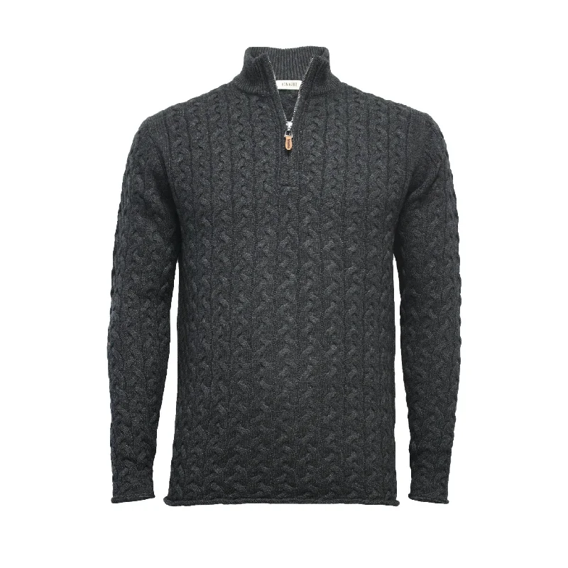 Men's durable knitwear-Charcoal Cashmere Half Zip Sweater in Full Cable knit Neil