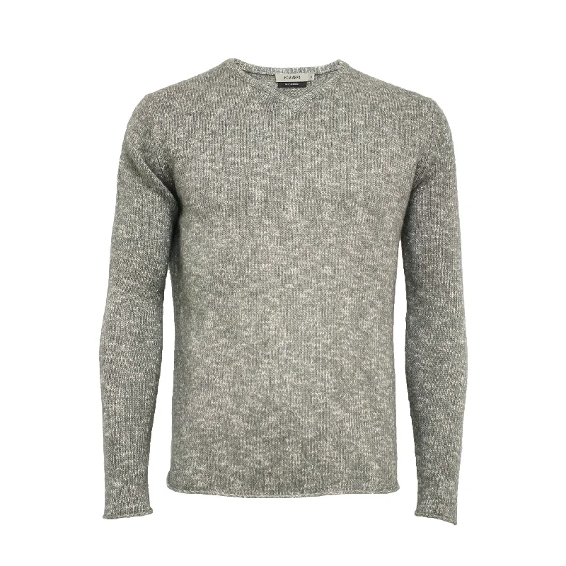 Men's easy-care sweater-Melange Cashmere V Neck Sweater in Jersey Stitch Grey White