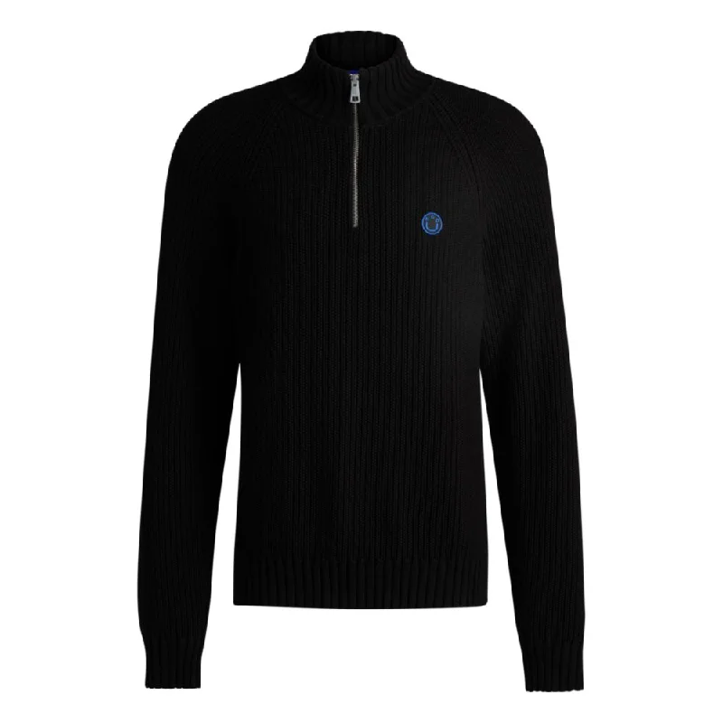 Men's weather-resistant knitwear-Quarter-zip relaxed-fit sweater in ribbed-knit cotton