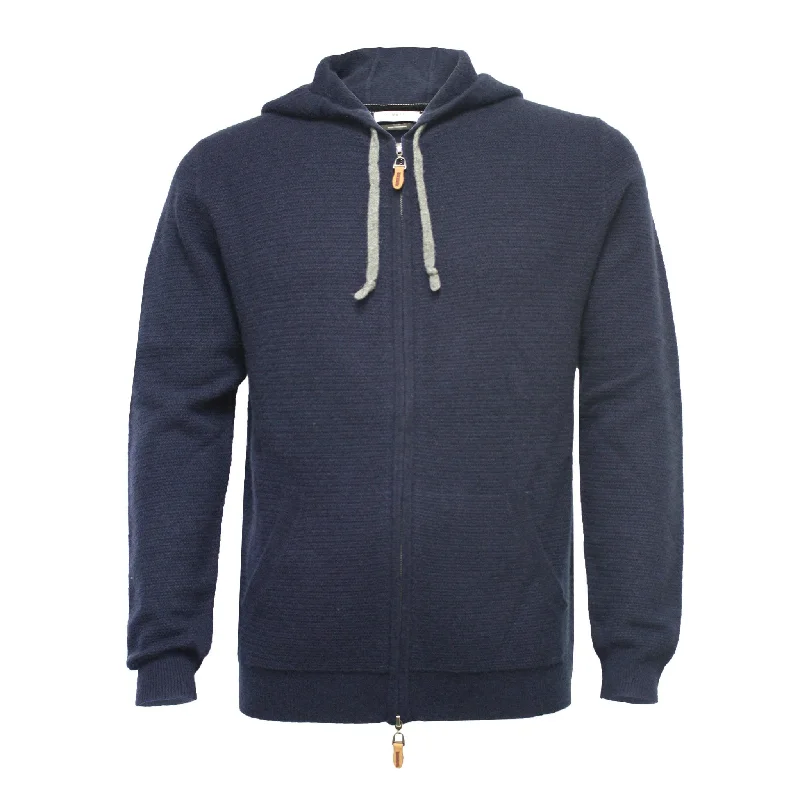 Men's UV protection knitwear-Navy Hooded Cashmere Sweater in small Herringbone stitch Cervinia